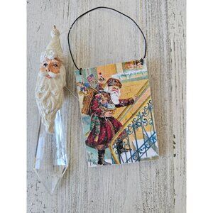 Glitter Santa icicle sign ornament father vintage style Xmas tree